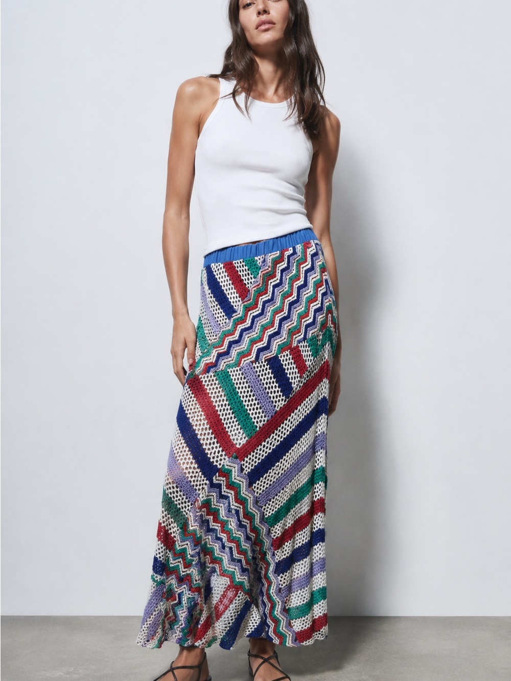 Lapis Multicolor Crochet Chevron Knit Maxi Skirt Sz M